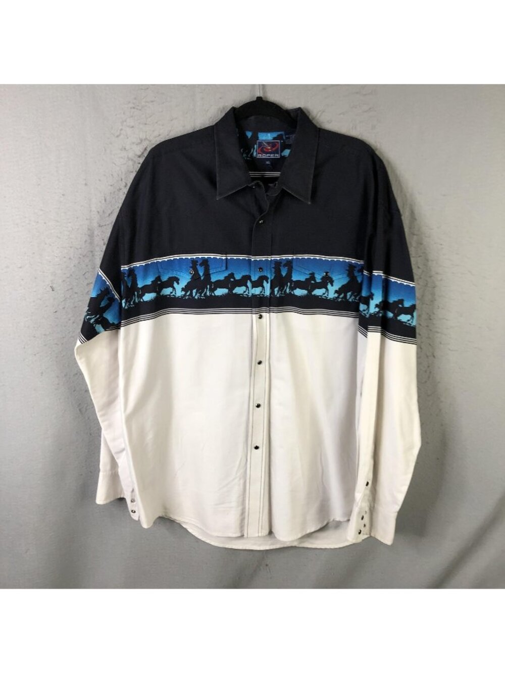 Roper Shirt Mens XL Black White Horse Graphic Western Pearl Snap Long Sleeve